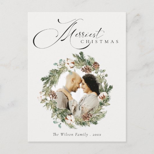 Carte Postale Couronne de Noël en pin rustique en coton  (Devant)