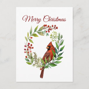 Carte Postale Couronne de Noël oiseau cardinal rouge aquarelle