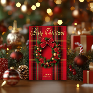 Carte Postale Couronne de Noël pliée à carreaux rouges classique