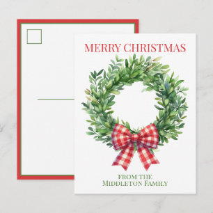 Carte Postale Couronne de Noël verte à l'aquarelle avec noeud à 
