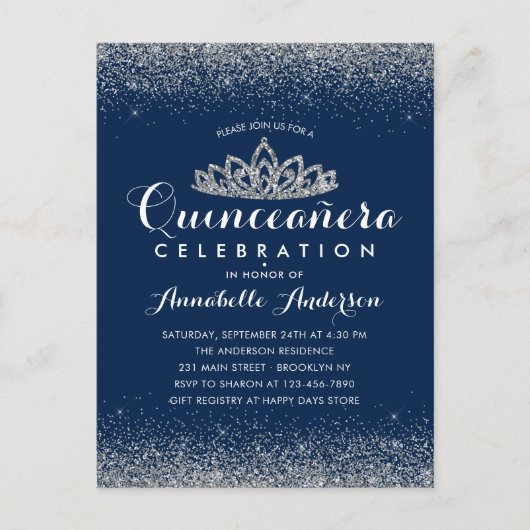 Carte Postale Couronne de Tiare Royale Bleue de Luxe Quinceañera (Devant)