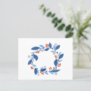 Carte Postale Couronne d'hiver. Bleus feuilles et baies rouges