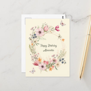 Carte Postale Couronne Fleurie et Papillons Anniversaire