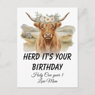Carte Postale Couronne florale de vache des Highlands pour anniv