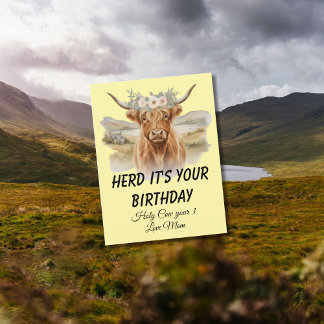 Carte Postale Couronne florale de vache des Highlands pour un an
