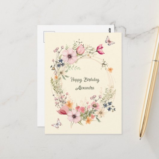 Carte Postale Couronne florale et papillons de joyeux anniversai (Devant/Arrière en situation)