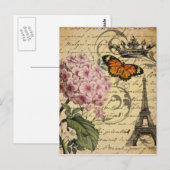Carte Postale couronne script hydrangea oiseau français botaniqu (Devant / Derrière)