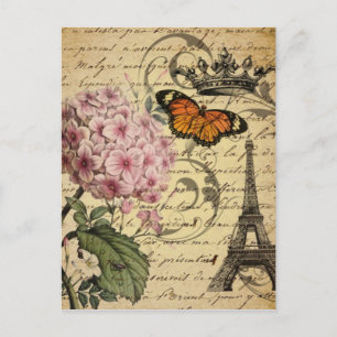 Carte Postale couronne script hydrangea oiseau français botaniqu