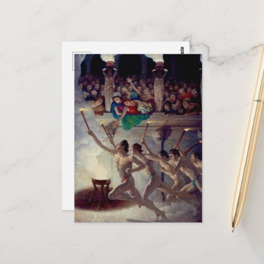 Carte Postale Course à la flamme, Jeux olympiques grecs par N. C (Devant/Arrière en situation)