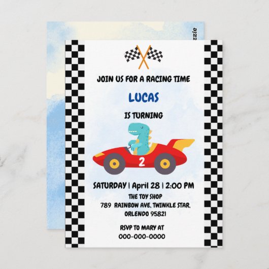 Carte Postale Course de voiture de dinosaure d'anniversaire garç (Devant / Derrière)
