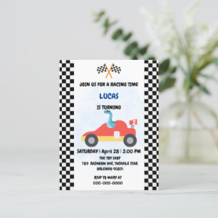 Carte Postale Course de voiture dinosaure garçon anniversaire ro