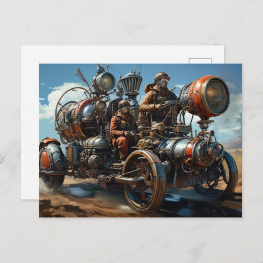 Carte Postale Course des voitures de fond Steampunk (Devant / Derrière)
