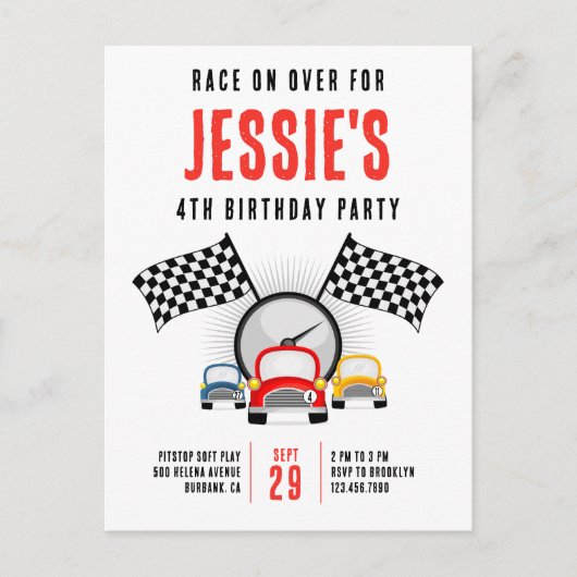 Carte Postale Course sur plus de voiture Anniversaire Fête Invit (Devant)