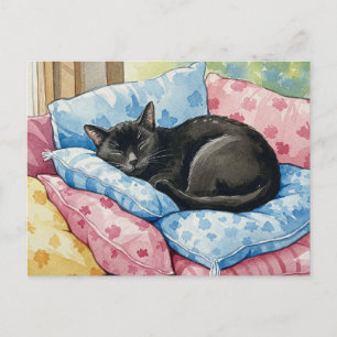 Carte postale Coussin Chat couché noir mignon
