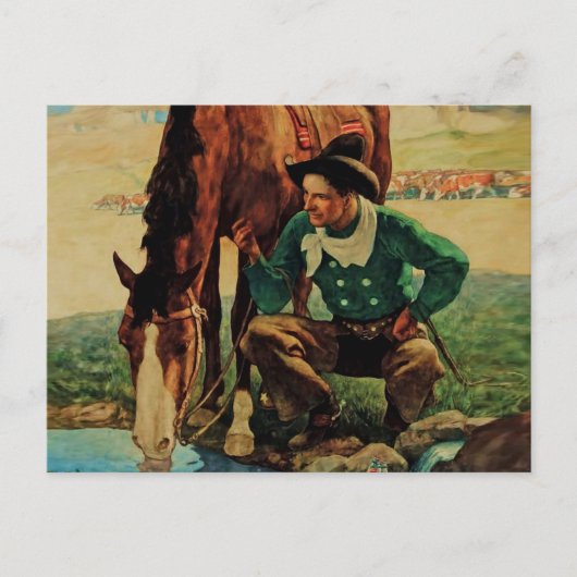 Carte Postale Cow-boy abreuvant son cheval par NC Wyeth (Devant)