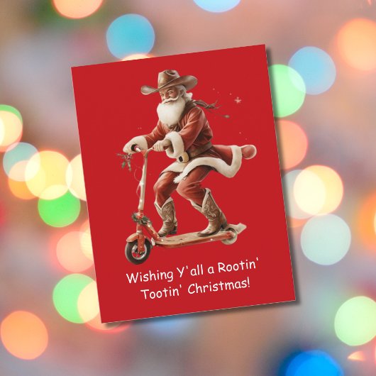 Carte Postale Cowboy Santa on Scooter Christmas Greeting