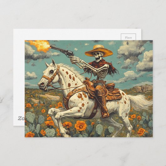 Carte Postale Cowboy squelette sur un cheval Appaloosa dans les  (Devant / Derrière)