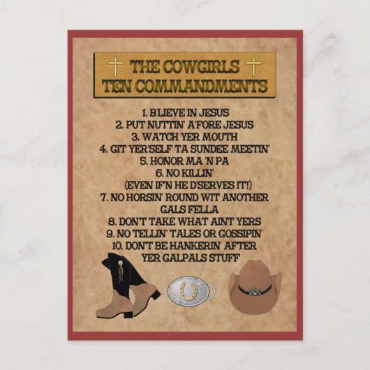 Carte Postale Cowgirl 10 Commandments POSTCARD (Devant)