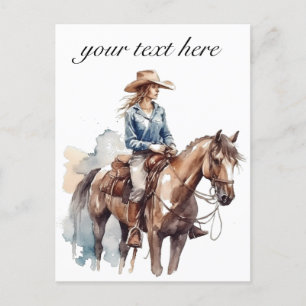 Carte Postale Cowgirl Brunette Aquarelle Occidental, personnalis