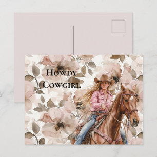 Carte Postale Cowgirl Florale Sud-Ouest Blonde Brun Rose Howdy