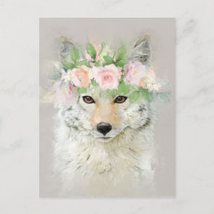 Carte Postale Coyote portant une couronne de fleurs