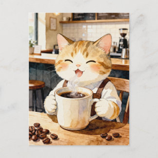 Carte Postale Cozy Cat Barista Watercolor Art