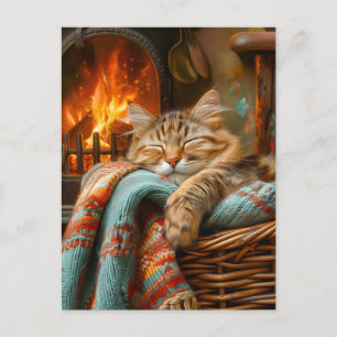 Carte Postale Cozy Cat Sleeping au Basket by Warm Fireplace
