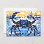 Carte Postale Crabe bleu, mer et bateau de pêche à Linocut (Devant / Derrière)
