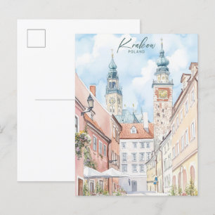 Carte Postale Cracovie Pologne Gouache Illustration Voyage