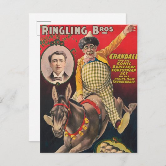 Carte Postale Crandall le clown en représentation avec sa mule (Devant / Derrière)