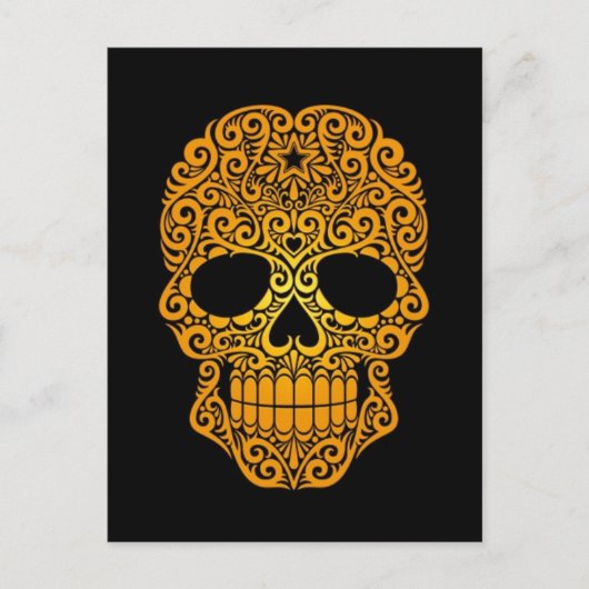 Carte Postale Crâne à sucre à rayures jaunes sur noir (Devant)