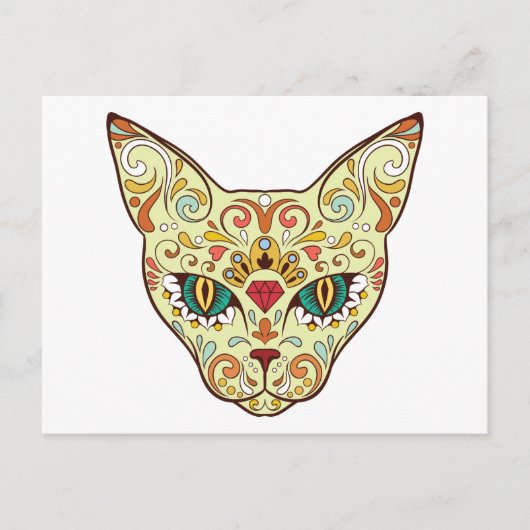 Carte Postale Crâne à sucre à visage Kitty | Jour du chat mort (Devant)