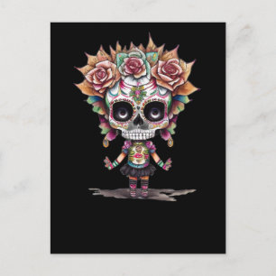 Carte Postale Crâne à sucre - Chibi fille avec roses roses roses