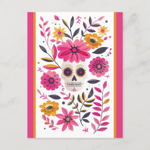 Carte Postale Crâne à sucre Fuchsia Fleurs mexicaines Cinco de M