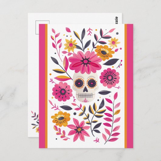 Carte Postale Crâne à sucre Fuchsia Fleurs mexicaines Cinco de M (Devant / Derrière)