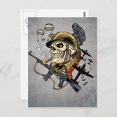 Carte Postale Crâne avec casque, avions et bombes (Devant / Derrière)