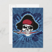 Carte Postale Crâne avec casquette, oeil et épée de pirate (Devant / Derrière)