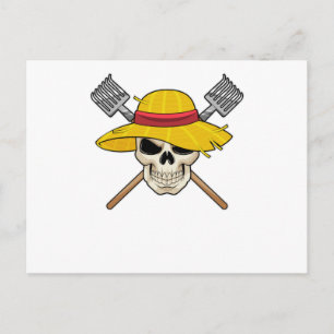 Carte Postale Crâne avec chapeau en fermier avec râteau