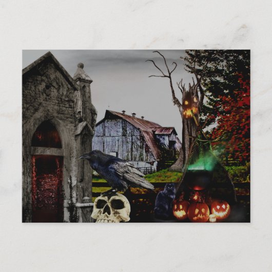 Carte Postale *~* Crâne de corbeau sorcière crypt HALLOWEEN (Devant)