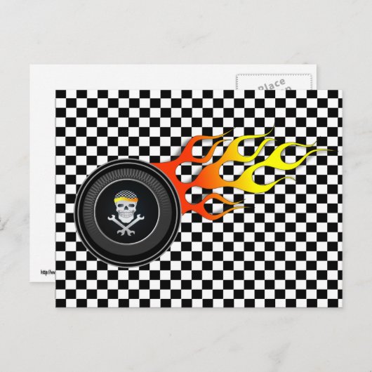 Carte Postale Crâne de course dans une roue en flammes (Devant / Derrière)