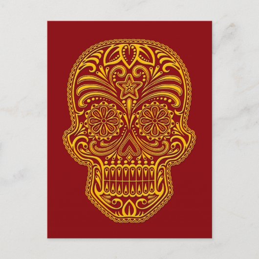 Carte Postale Crâne de sucre jaune complexe sur rouge (Devant)