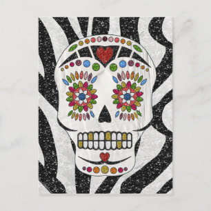 Carte Postale Crâne de sucre Rockabilly RAB sur impression zèbre