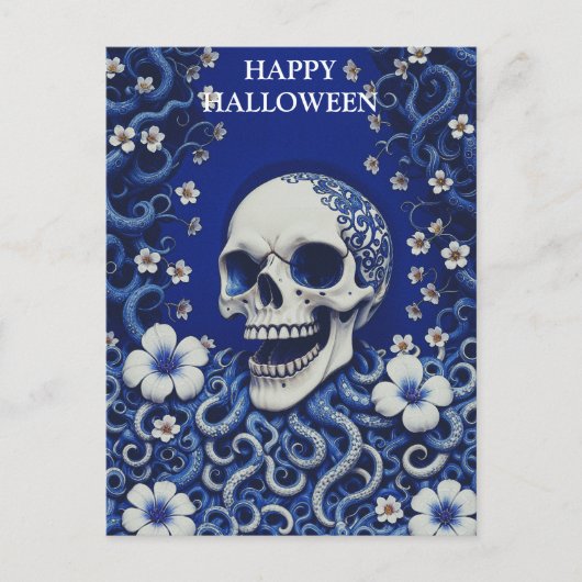 Carte Postale Crâne d'Halloween effrayant avec des fleurs (Devant)