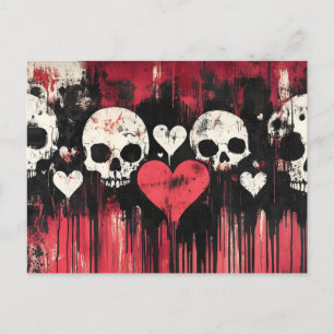 Carte Postale Crâne et Coeurs Grunge - Art rouge et noir gras