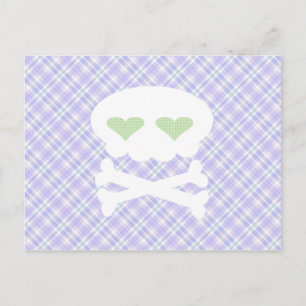 Carte Postale Crâne mignon à croix d'os sur carreaux violets pun