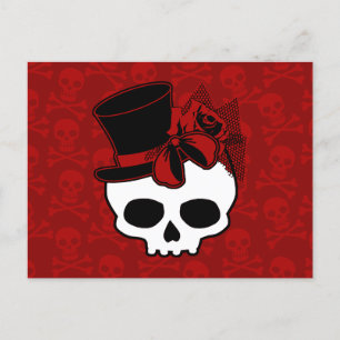 Carte Postale Crâne mignon avec chapeau Rose rouge Bow