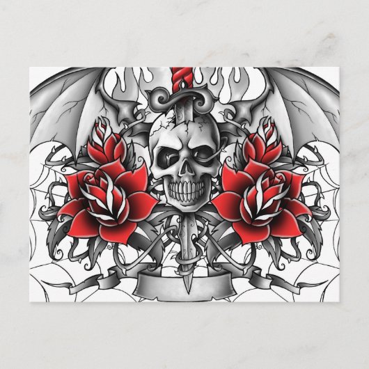 Carte Postale Crâne n Dagger avec ailes diaboliques (Devant)