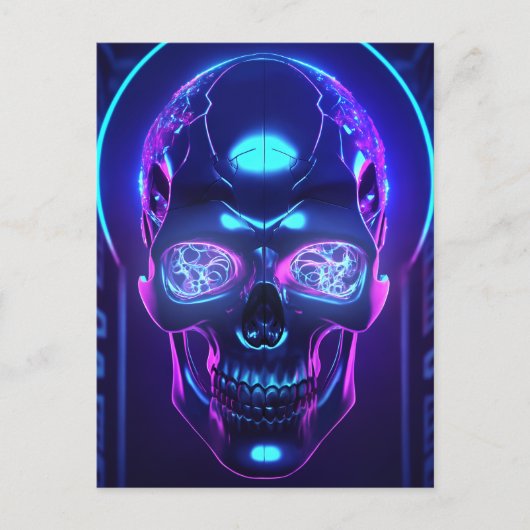 Carte Postale Crâne obsidien cyber-néon foncé (Devant)