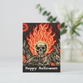 Carte Postale Crâne sur feu Linocut Art Halloween heureux (Debout devant)