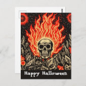 Carte Postale Crâne sur feu Linocut Art Halloween heureux (Devant / Derrière)